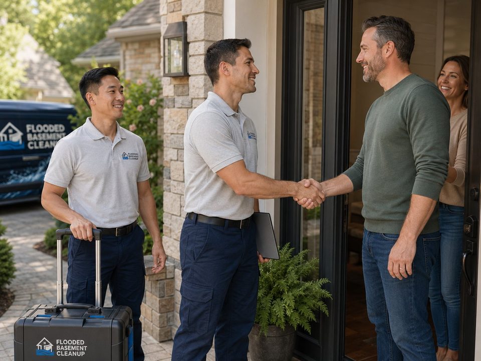 Flooded Basement Cleanup technician greeting a homeowner at the front door