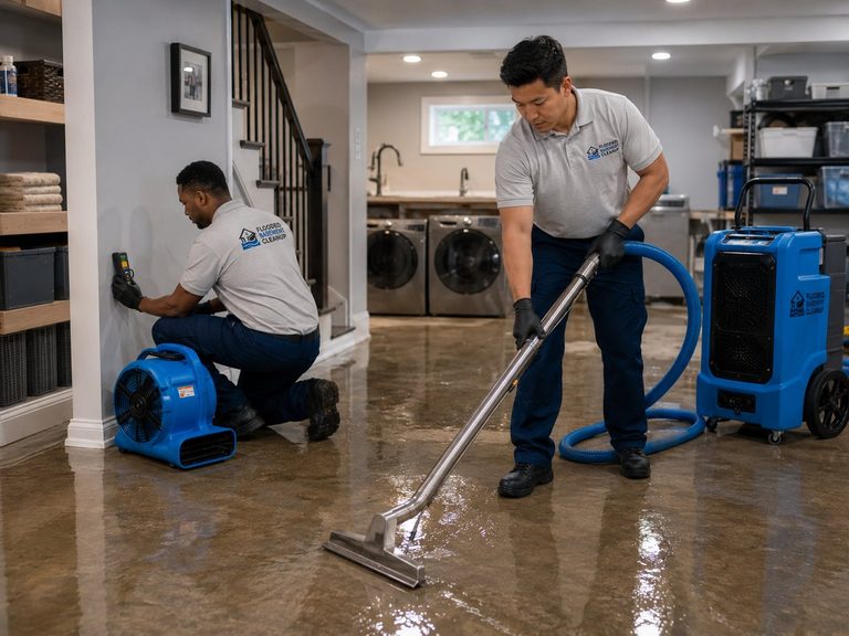 Technician installing a sump pump in a flooded basement